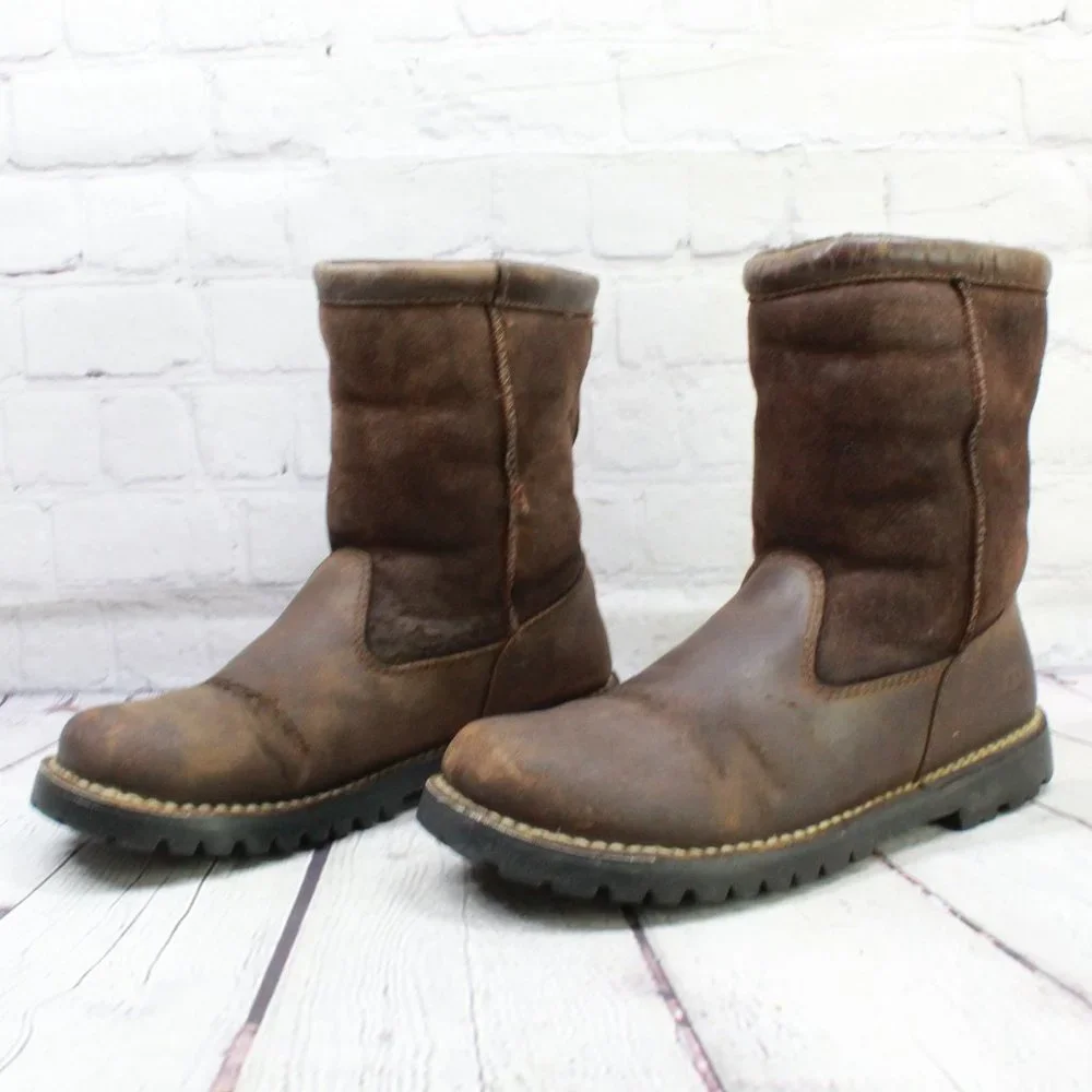 UGG Brown Leather Suede Sheepskin Lined Winter Boots Size 10 - Picture 2 of 9